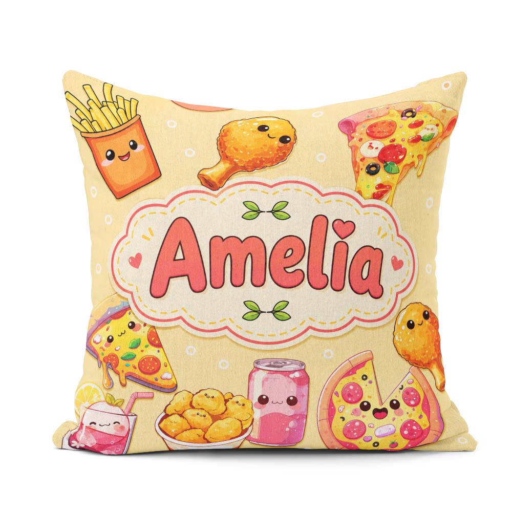 Custom Name Kawaii Fast Food Pizza Chicken Soda Yellow Seamless Square Filled Cushion Throw Pillow Sofa Bed Home Decor Zip Washable UK Made