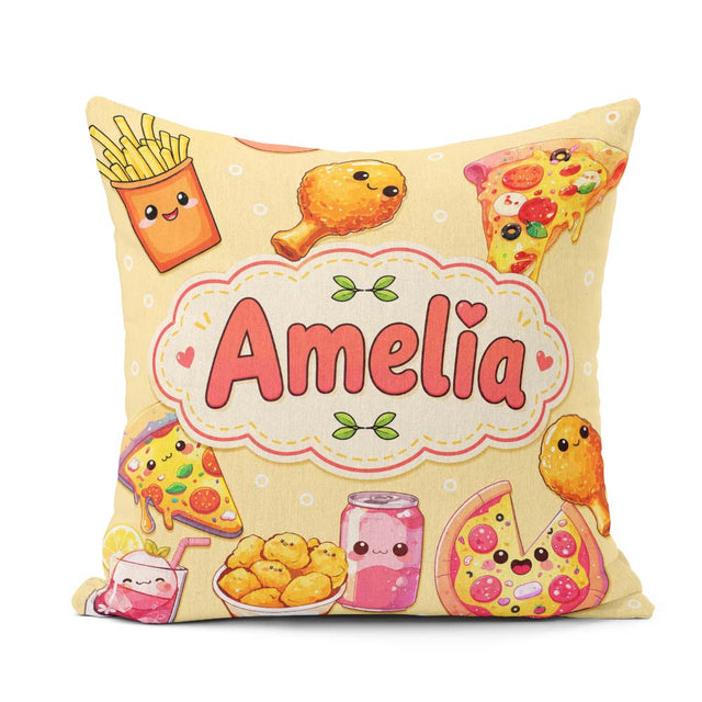 Custom Name Kawaii Fast Food Pizza Chicken Soda Yellow Seamless Square Filled Cushion Throw Pillow Sofa Bed Home Decor Zip Washable UK Made