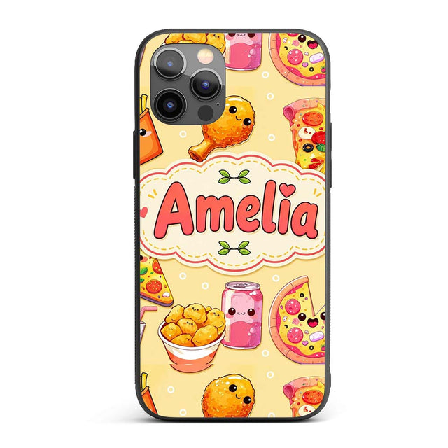 Cute Kawaii Fast Food Pizza Chicken Soda Yellow Custom Name Protective Phone Case Mobile Cover Durable Everyday Smartphone Shock Resistant