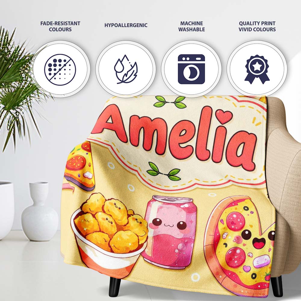 Cute Kawaii Fast Food Pizza Chicken Soda Yellow Background Seamless  Personalised Custom Name Super Soft Fleece Blanket Bed Sofa Throw