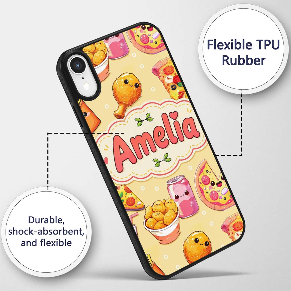 Cute Kawaii Fast Food Pizza Chicken Soda Yellow Custom Name Protective Phone Case Mobile Cover Durable Everyday Smartphone Shock Resistant
