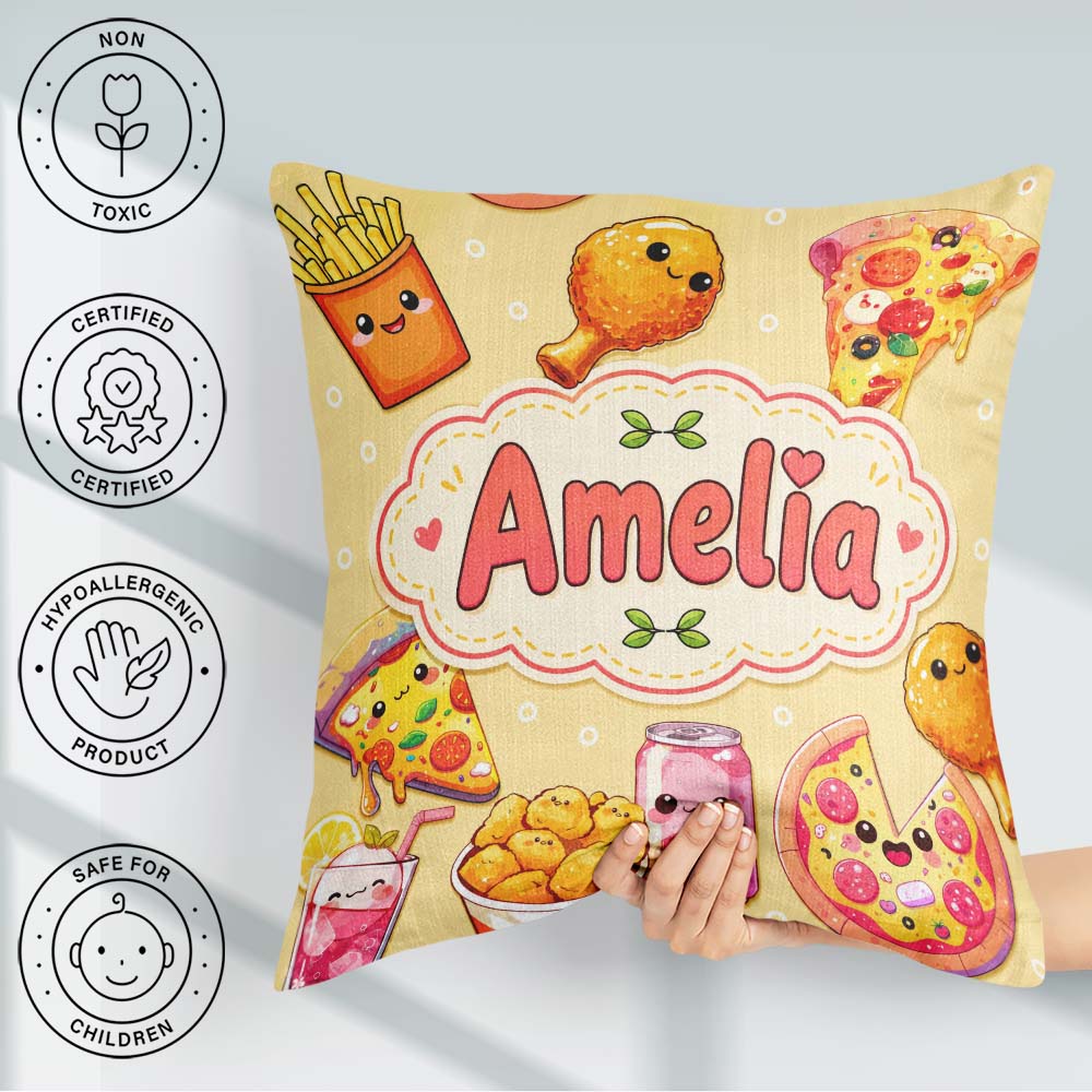 Custom Name Kawaii Fast Food Pizza Chicken Soda Yellow Seamless Square Filled Cushion Throw Pillow Sofa Bed Home Decor Zip Washable UK Made