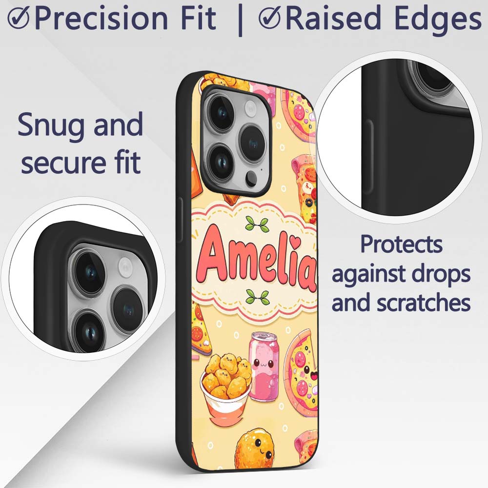 Cute Kawaii Fast Food Pizza Chicken Soda Yellow Custom Name Protective Phone Case Mobile Cover Durable Everyday Smartphone Shock Resistant