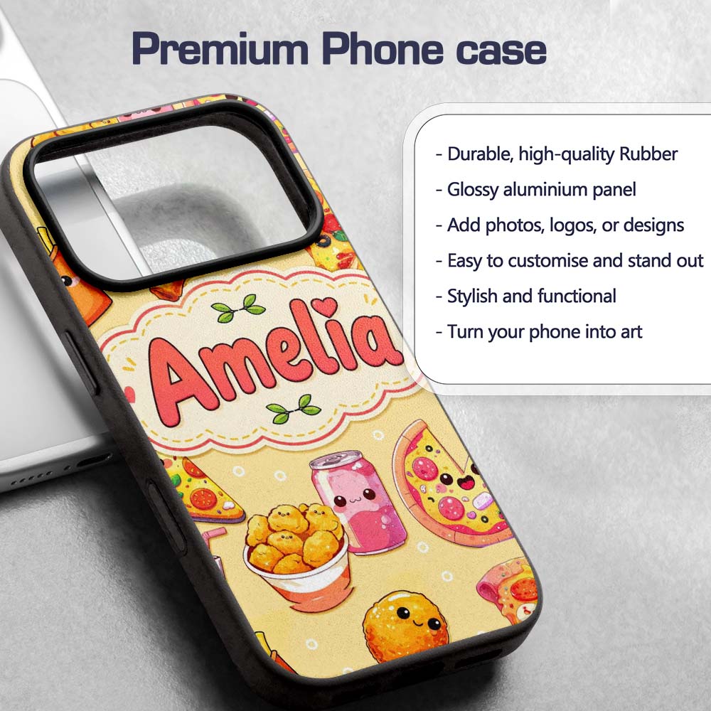 Cute Kawaii Fast Food Pizza Chicken Soda Yellow Custom Name Protective Phone Case Mobile Cover Durable Everyday Smartphone Shock Resistant