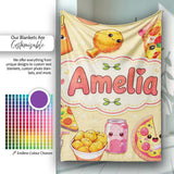 Cute Kawaii Fast Food Pizza Chicken Soda Yellow Background Seamless  Personalised Custom Name Super Soft Fleece Blanket Bed Sofa Throw