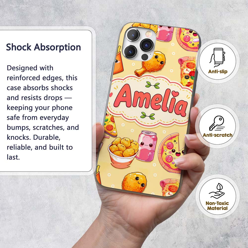 Cute Kawaii Fast Food Pizza Chicken Soda Yellow Custom Name Protective Phone Case Mobile Cover Durable Everyday Smartphone Shock Resistant