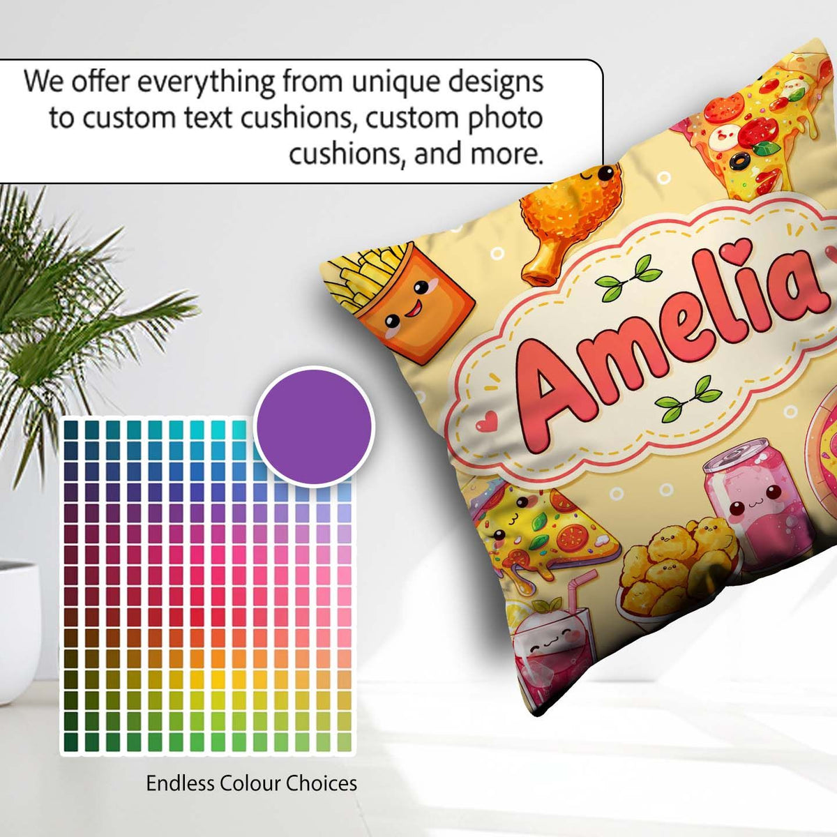 Custom Name Kawaii Fast Food Pizza Chicken Soda Yellow Seamless Square Filled Cushion Throw Pillow Sofa Bed Home Decor Zip Washable UK Made