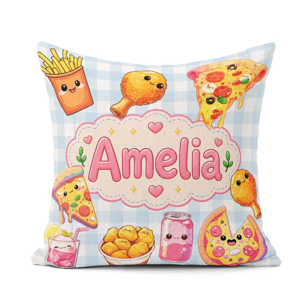 Custom Name Cute Fast Food Pizza Chicken Soda Gingham Background Square Filled Cushion Throw Pillow Sofa Bed Home Decor Zip Washable UK Made
