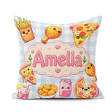 Custom Name Cute Fast Food Pizza Chicken Soda Gingham Background Square Filled Cushion Throw Pillow Sofa Bed Home Decor Zip Washable UK Made