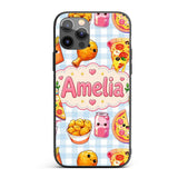 Cute Kawaii Fast Food Pizza Chicken Soda Gingham Custom Name Protective Phone Case Mobile Cover Durable Everyday Smartphone Shock Resistant