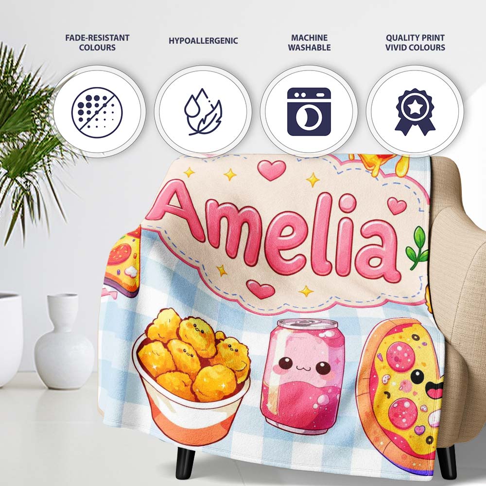 Cute Kawaii Fast Food Pizza Chicken Soda Gingham Background  Personalised Custom Name Super Soft Fleece Blanket Bed Sofa Throw