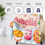 Cute Kawaii Fast Food Pizza Chicken Soda Gingham Background  Personalised Custom Name Super Soft Fleece Blanket Bed Sofa Throw