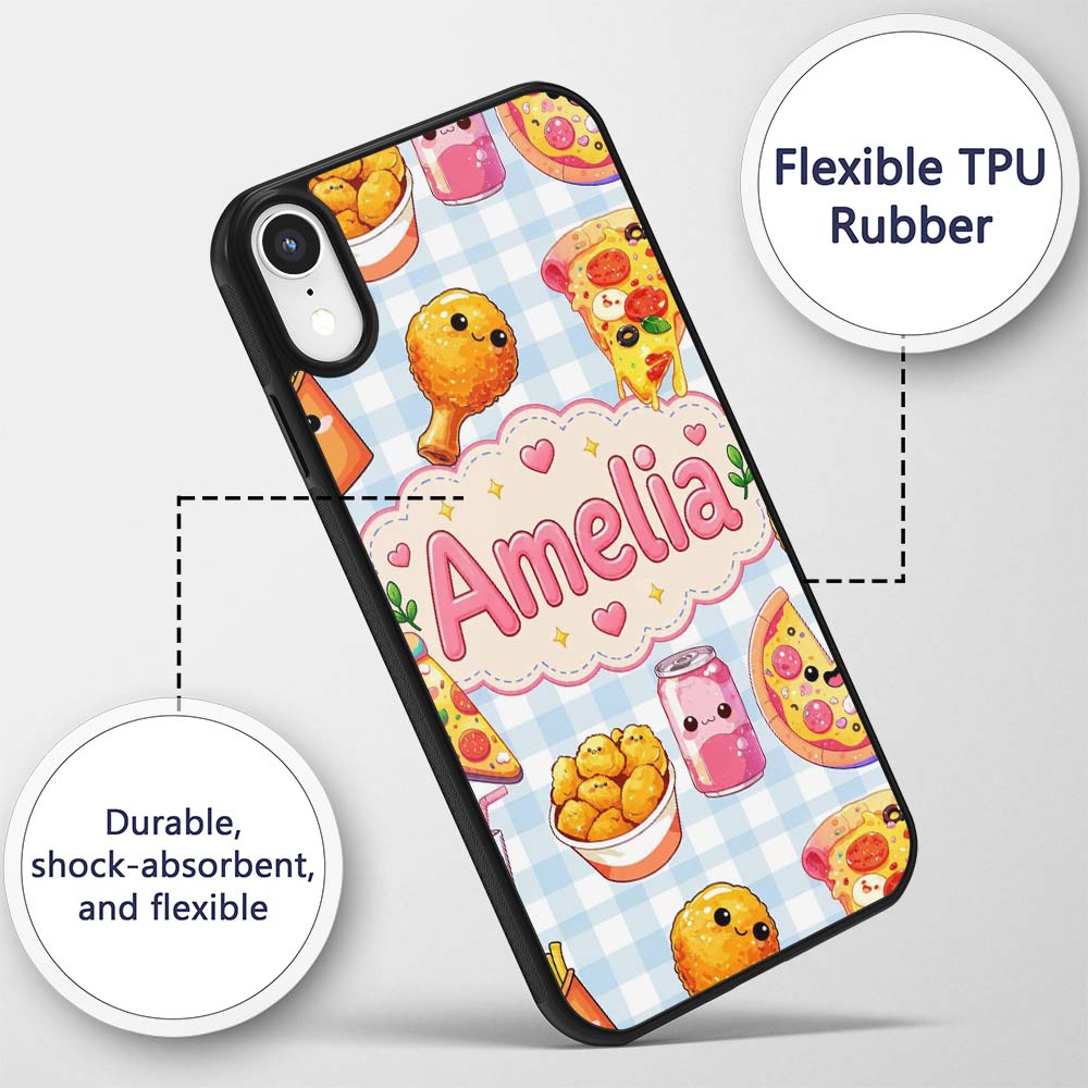 Cute Kawaii Fast Food Pizza Chicken Soda Gingham Custom Name Protective Phone Case Mobile Cover Durable Everyday Smartphone Shock Resistant