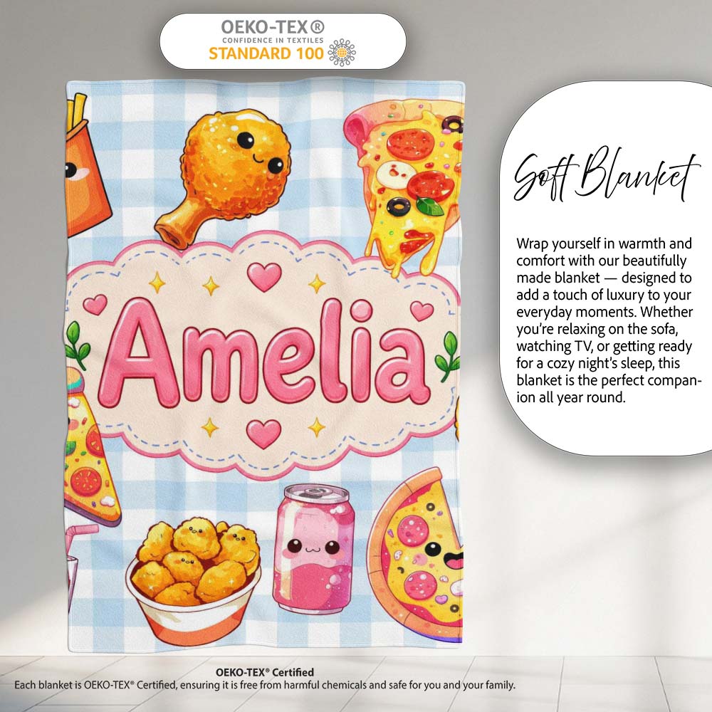 Cute Kawaii Fast Food Pizza Chicken Soda Gingham Background  Personalised Custom Name Super Soft Fleece Blanket Bed Sofa Throw