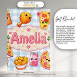 Cute Kawaii Fast Food Pizza Chicken Soda Gingham Background  Personalised Custom Name Super Soft Fleece Blanket Bed Sofa Throw