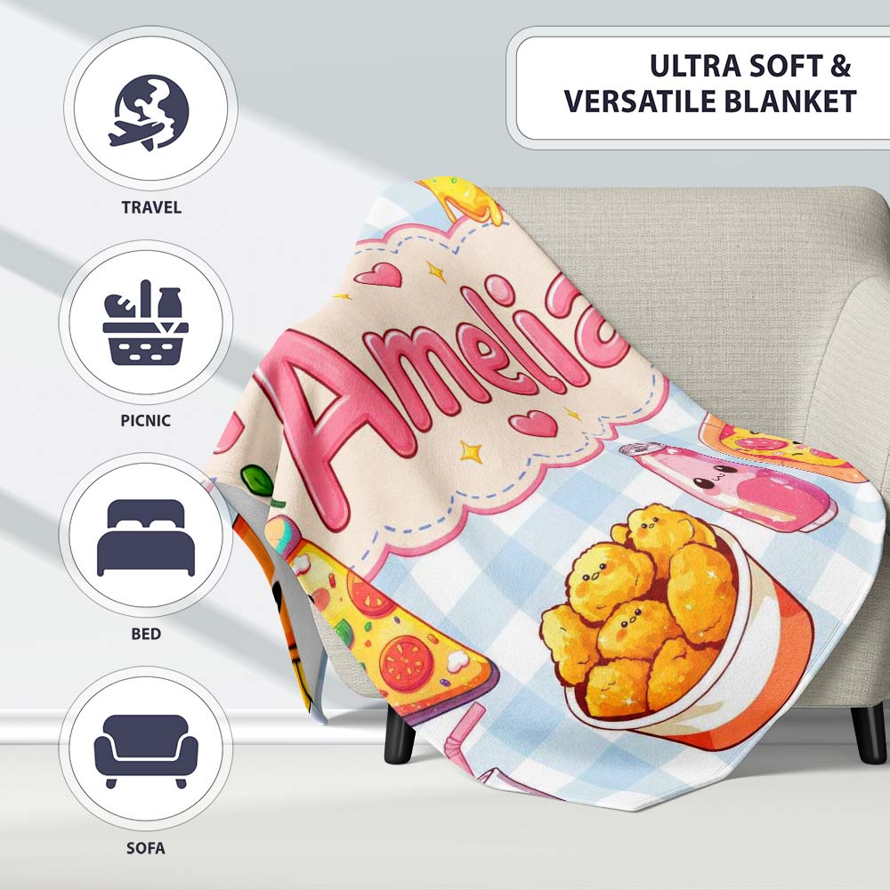 Cute Kawaii Fast Food Pizza Chicken Soda Gingham Background  Personalised Custom Name Super Soft Fleece Blanket Bed Sofa Throw