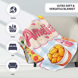 Cute Kawaii Fast Food Pizza Chicken Soda Gingham Background  Personalised Custom Name Super Soft Fleece Blanket Bed Sofa Throw