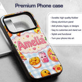Cute Kawaii Fast Food Pizza Chicken Soda Gingham Custom Name Protective Phone Case Mobile Cover Durable Everyday Smartphone Shock Resistant
