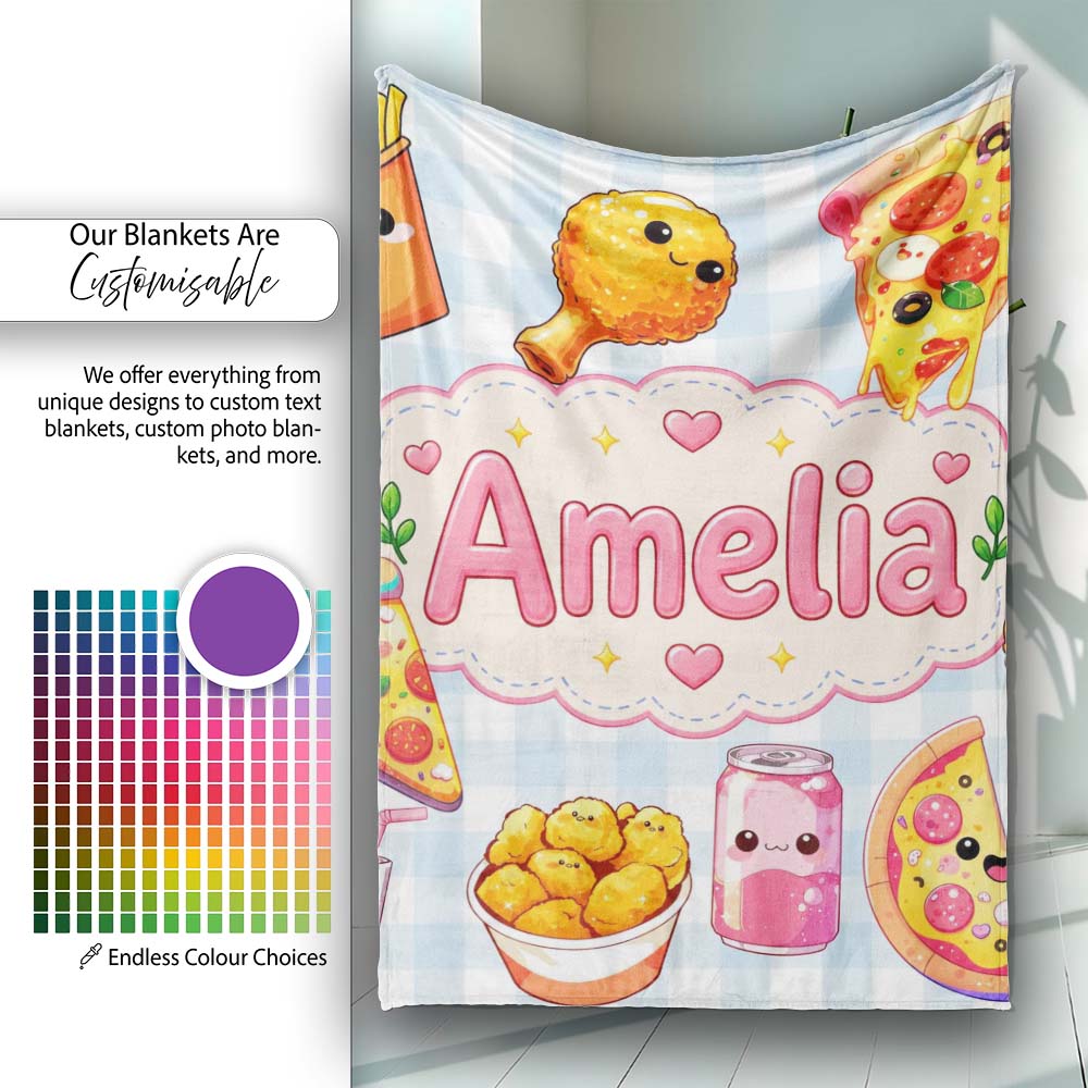 Cute Kawaii Fast Food Pizza Chicken Soda Gingham Background  Personalised Custom Name Super Soft Fleece Blanket Bed Sofa Throw