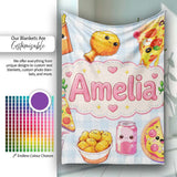 Cute Kawaii Fast Food Pizza Chicken Soda Gingham Background  Personalised Custom Name Super Soft Fleece Blanket Bed Sofa Throw