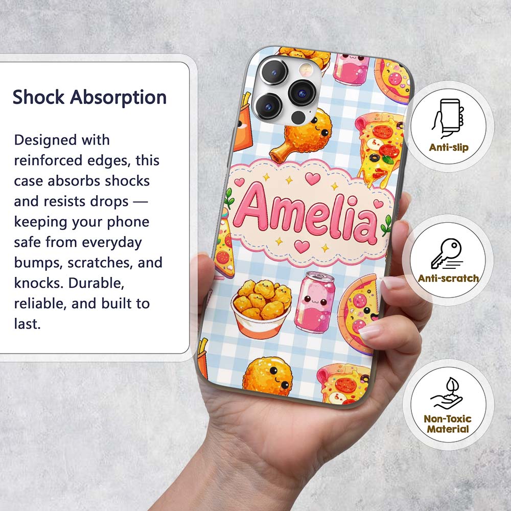 Cute Kawaii Fast Food Pizza Chicken Soda Gingham Custom Name Protective Phone Case Mobile Cover Durable Everyday Smartphone Shock Resistant