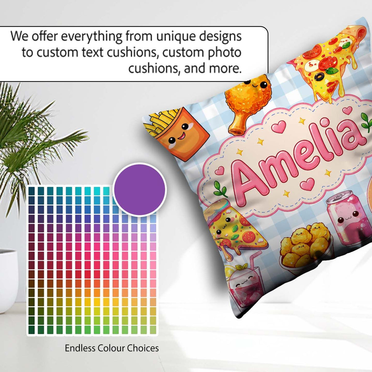 Custom Name Cute Fast Food Pizza Chicken Soda Gingham Background Square Filled Cushion Throw Pillow Sofa Bed Home Decor Zip Washable UK Made