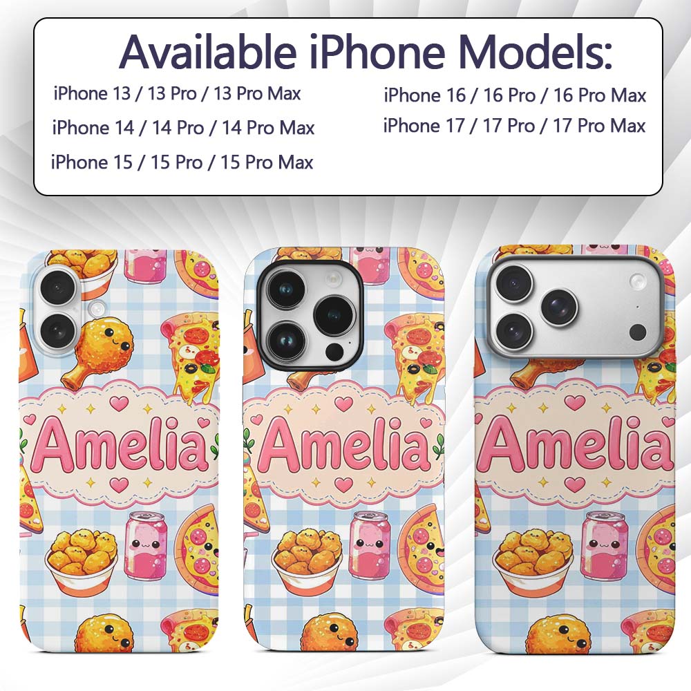 Cute Kawaii Fast Food Pizza Chicken Soda Gingham Custom Name Protective Phone Case Mobile Cover Durable Everyday Smartphone Shock Resistant