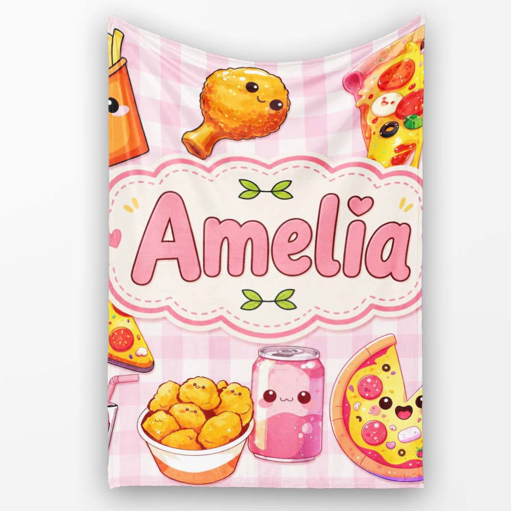 Cute Kawaii Fast Food Pizza Chicken Soda Pink Gingham Background  Personalised Custom Name Super Soft Fleece Blanket Bed Sofa Throw