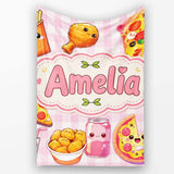 Cute Kawaii Fast Food Pizza Chicken Soda Pink Gingham Background  Personalised Custom Name Super Soft Fleece Blanket Bed Sofa Throw