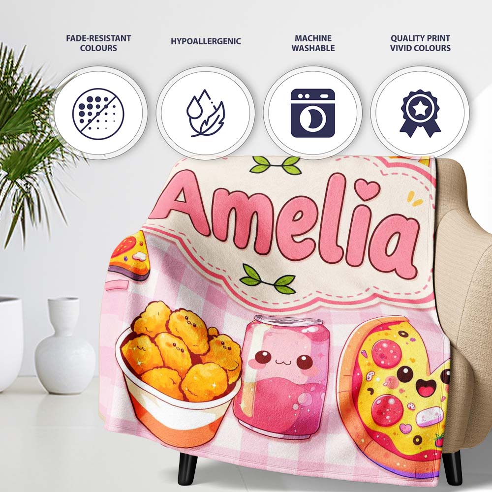 Cute Kawaii Fast Food Pizza Chicken Soda Pink Gingham Background  Personalised Custom Name Super Soft Fleece Blanket Bed Sofa Throw