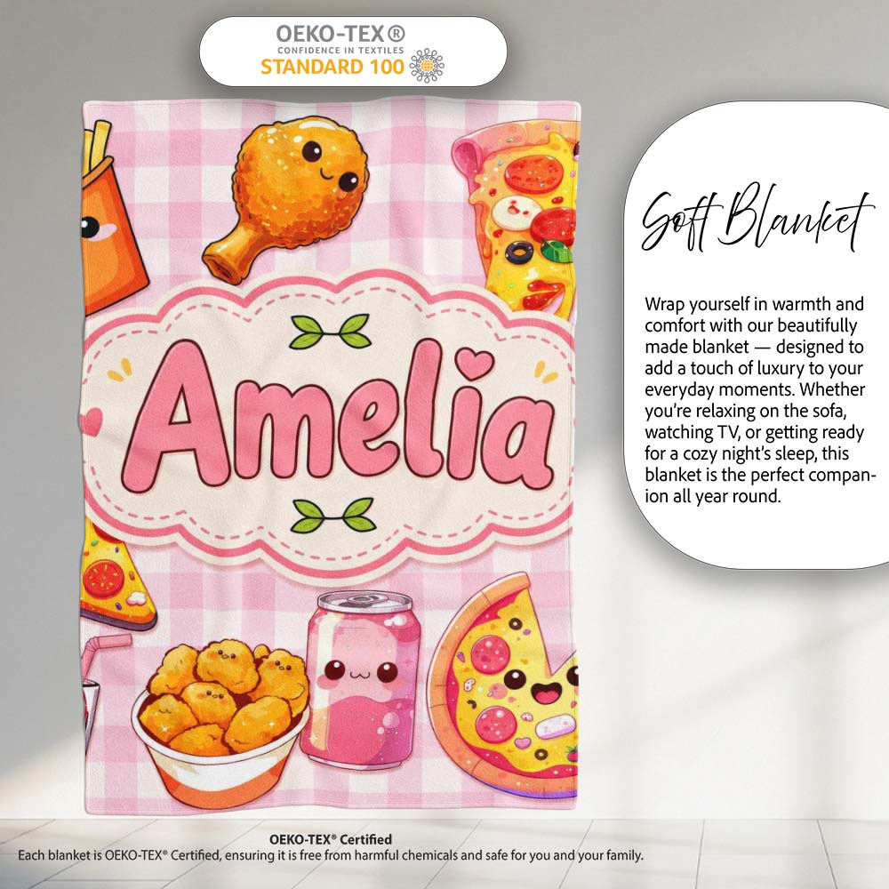 Cute Kawaii Fast Food Pizza Chicken Soda Pink Gingham Background  Personalised Custom Name Super Soft Fleece Blanket Bed Sofa Throw