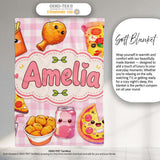 Cute Kawaii Fast Food Pizza Chicken Soda Pink Gingham Background  Personalised Custom Name Super Soft Fleece Blanket Bed Sofa Throw