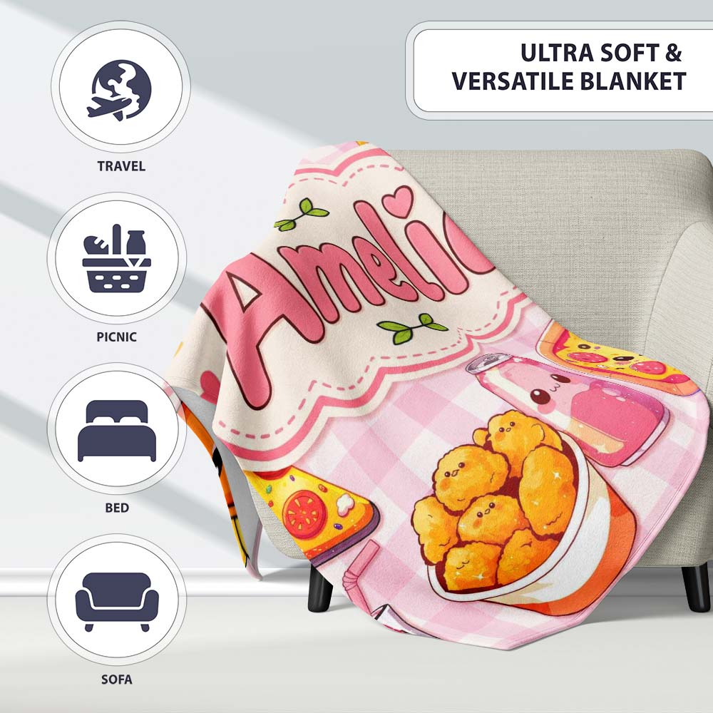 Cute Kawaii Fast Food Pizza Chicken Soda Pink Gingham Background  Personalised Custom Name Super Soft Fleece Blanket Bed Sofa Throw