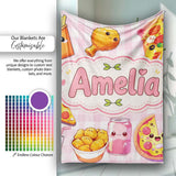 Cute Kawaii Fast Food Pizza Chicken Soda Pink Gingham Background  Personalised Custom Name Super Soft Fleece Blanket Bed Sofa Throw