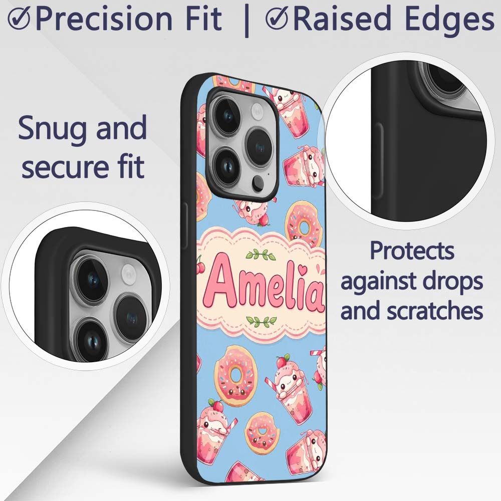Cute Kawaii Donuts and Strawberry Milkshake Blue Custom Name Protective Phone Case Mobile Cover Durable Everyday Smartphone Shock Resistant