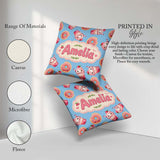 Custom Name Cute Kawaii and Strawberry Milkshake Blue Background Square Filled Cushion Throw Pillow Sofa Bed Home Decor Zip Washable UK Made