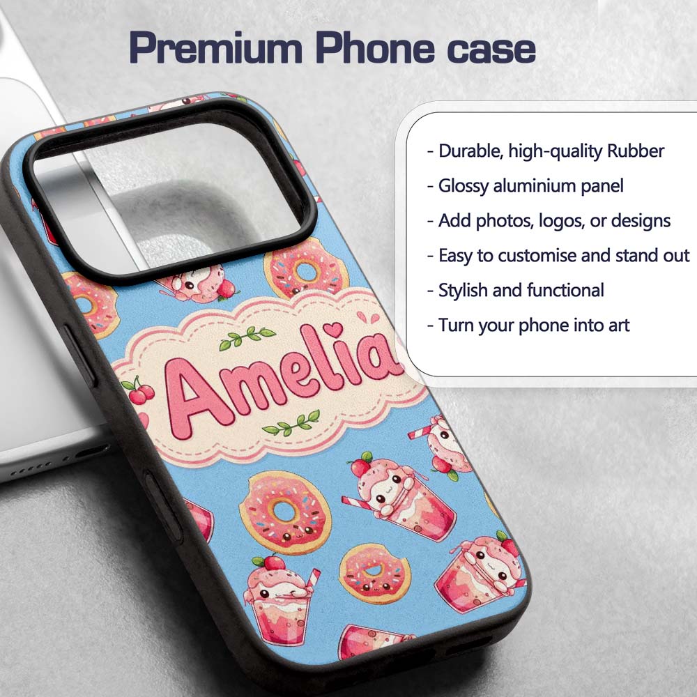 Cute Kawaii Donuts and Strawberry Milkshake Blue Custom Name Protective Phone Case Mobile Cover Durable Everyday Smartphone Shock Resistant