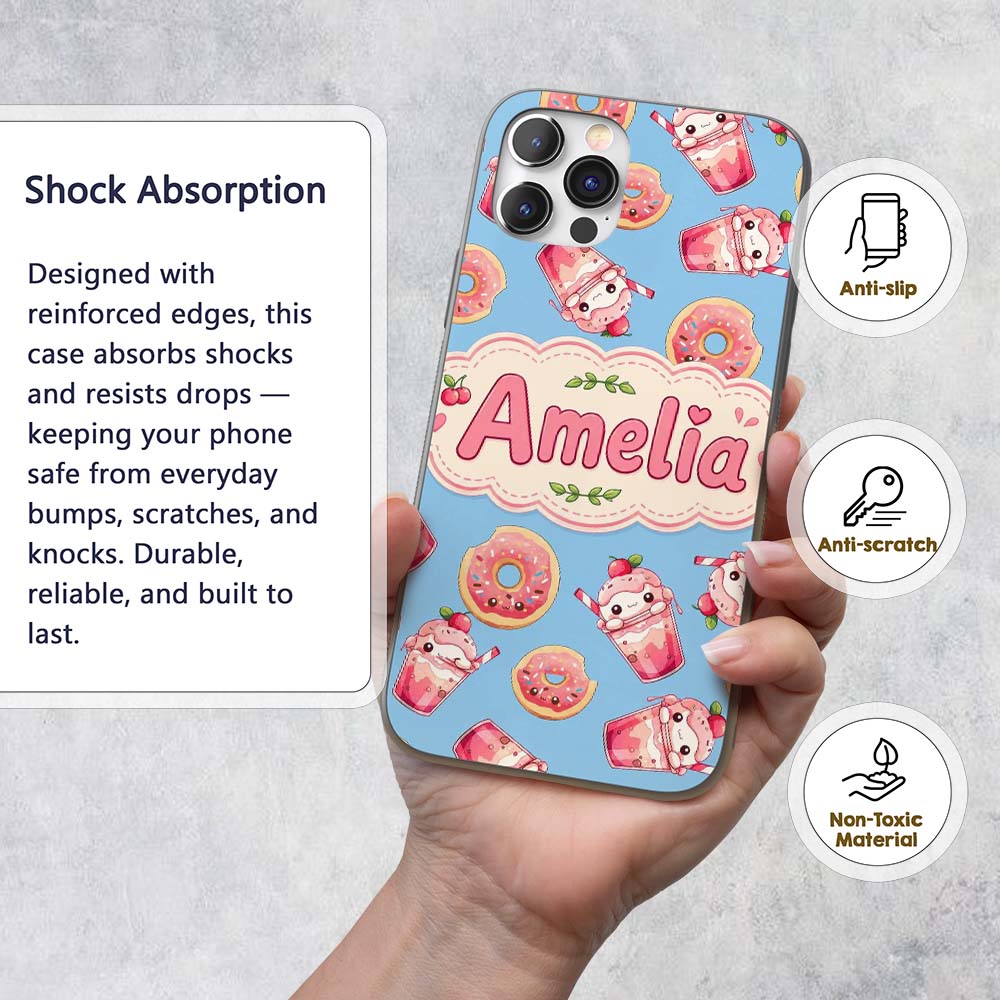 Cute Kawaii Donuts and Strawberry Milkshake Blue Custom Name Protective Phone Case Mobile Cover Durable Everyday Smartphone Shock Resistant
