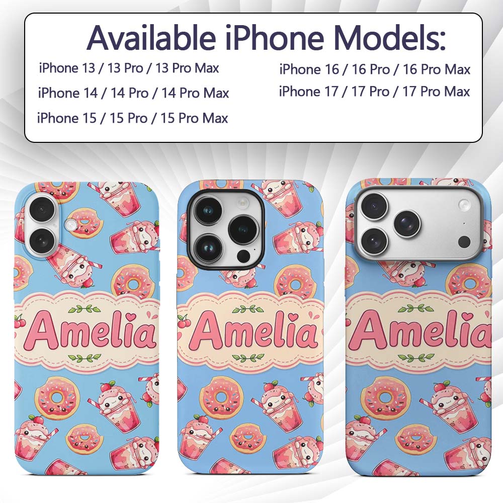 Cute Kawaii Donuts and Strawberry Milkshake Blue Custom Name Protective Phone Case Mobile Cover Durable Everyday Smartphone Shock Resistant