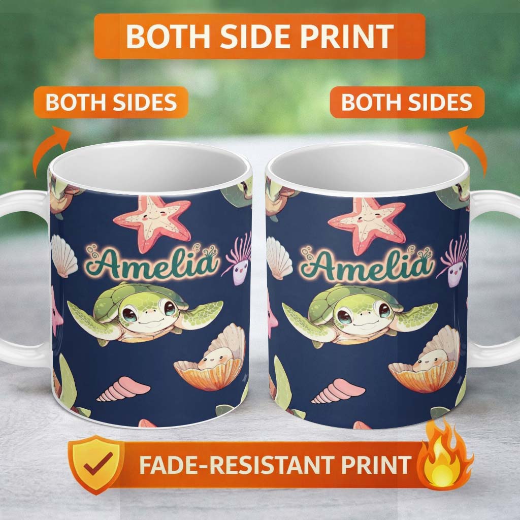 Personalized Custom Name Cute Kawaii Sea Turtle Starfish Shells Ocean Friends Navy Background 11oz Ceramic Coffee Tea Mug White Large Handle