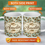 Personalized Custom Name Vintage Coconut Palm Coastal Beige Seamless Pattern Cute Unique Gift 11oz Ceramic Coffee Tea Mug White Large Handle