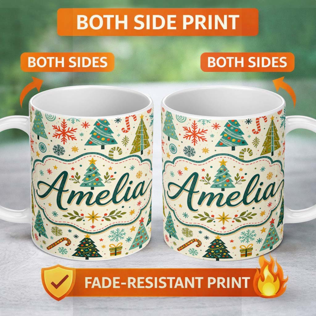 Personalized Custom Name Playful Christmas Trees Candy Canes Snowflakes Festive Seamless 11oz Ceramic Coffee Tea Mug White Large Handle