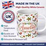 Personalized Custom Name Cute Christmas Birds Gifts Holly Hearts Festive Watercolor Seamless 11oz Ceramic Coffee Tea Mug White Large Handle