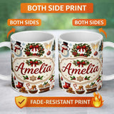 Personalized Custom Name Cute Christmas Wreath Snowman Gingerbread Cookies Tree Seamless 11oz Ceramic Coffee Tea Mug White Large Handle