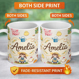 Personalized Custom Name Cute Farm Animals Girl Pig Cow Chicken Cream Background Seamless 11oz Ceramic Coffee Tea Mug White Large Handle