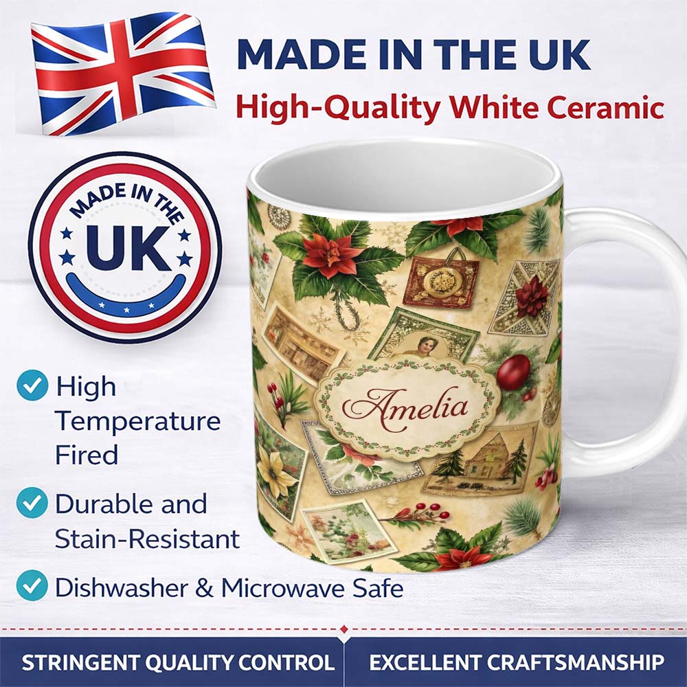 Personalized Custom Name Vintage Christmas Postcards with Poinsettia Holly and Ornaments 11oz Ceramic Coffee Tea Mug White Large Handle