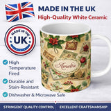 Personalized Custom Name Vintage Christmas Postcards with Poinsettia Holly and Ornaments 11oz Ceramic Coffee Tea Mug White Large Handle
