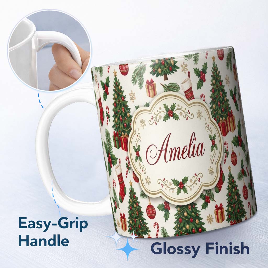 Personalized Custom Name Christmas Holly Gift Tree Bell Festive Seamless Pattern Lovely 11oz Ceramic Coffee Tea Mug White Large Handle