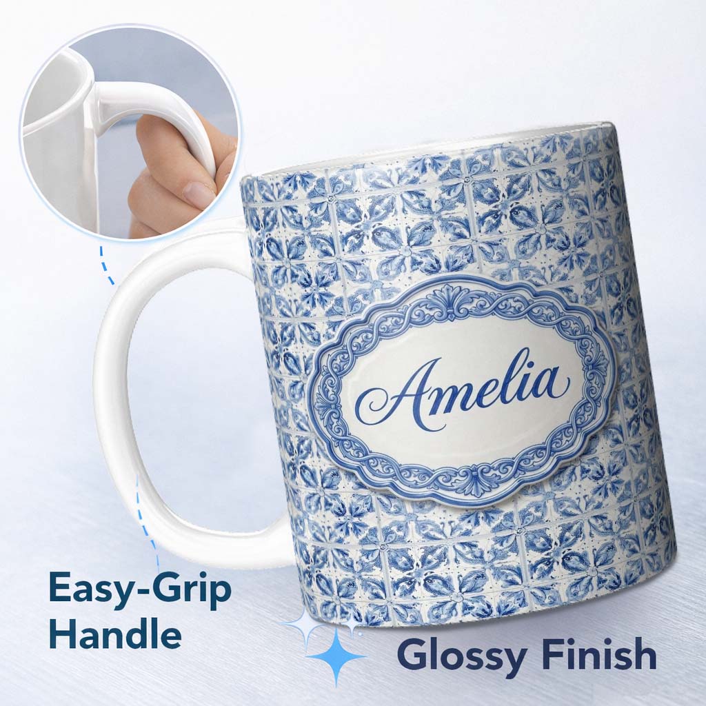 Personalized Custom Name Classic Blue White Portuguese Tile Floral Seamless Pattern Lovely 11oz Ceramic Coffee Tea Mug White Large Handle