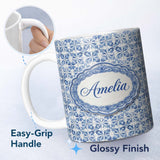 Personalized Custom Name Classic Blue White Portuguese Tile Floral Seamless Pattern Lovely 11oz Ceramic Coffee Tea Mug White Large Handle